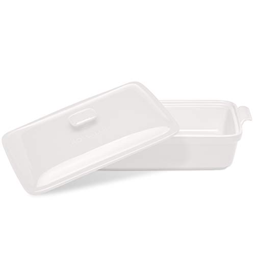 Rossallini Stoneware Casserole Dish Bakeware Set with Lid, Covered Rectangular Dinnerware, Large 4 Quart, 13 by 9 Inch (Glossy White)