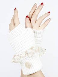 Women's White Laced Fold Over Hand Wrist Warmer Button Accent Knitted Gloves. One Pair. 100% Acrylic. One Size.