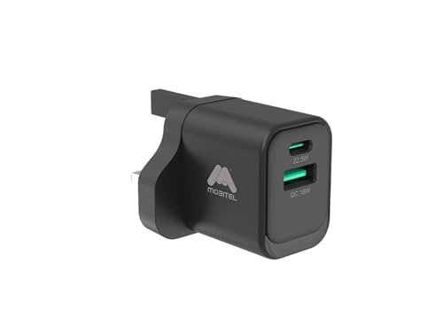 Mobitel 22.5W GaN Fast Wall Charger with USB-C & USB-A Dual Port PD Quick Charge Plug Compact UK 3-Pin Power Adapter for iPhone 15 14 13, Samsung Galaxy, Pixel, iPad (Black)