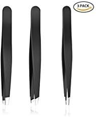 EXTENDED FAMILY Tweezers Set, 3 Pcs Slant Flat Pointed Professional Stainless Steel Tip Tweezers with Travel Case, Best Precision Eyebrow Tweezers and Ingrown Hair Remover for Both Women and Men