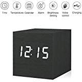 Kpin Digital Alarm Clock, Wooden LED Light Mini Modern Cube Desk Alarm Clock Displays Time Date Temperature for Kids, Bedrooms, Home, Dormitory, Travel