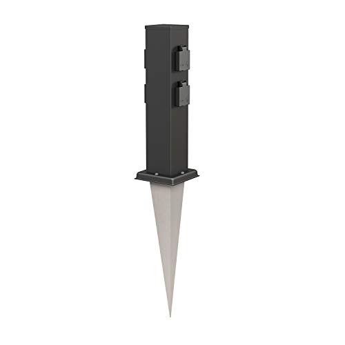 ledscom.de Garten-Steckdosen-Säule Polly mit Erdspieß für außen, IP44, 4-Fach, Edelstahl, eckig, schwarz, 40cm