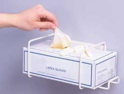 Top Dispensing Exam Glove Rack, Holds 1 Box, Gloves can be dispensed with one hand. Dimensions: 4.25"H x 11.5"W x 5.5"D