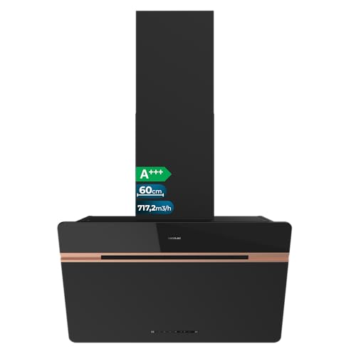 Cecotec Hotte Aspirante Décorative 60 cm Bolero Flux DT 607500 Matt Black A+++. Verre Mat et Brillant avec Détails en Cuivre, Aspiration 717,2 m³/h, Fonction Booster, Filtres en Aluminium, Classe A+++
