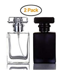 2 Pack - 30 Milliliter Square Flint Glass Cologne Perfume Bottle, Refillable Cologne Atomizer Empty Bottle with Spray Applicator For Travel (Transparent and Black)