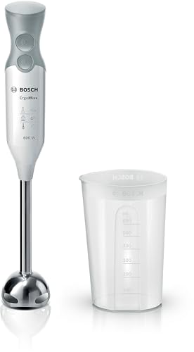 Bosch Stabmixer ErgoMixx, Edelstahl-Mixfuß, Mix- und Messbecher, 2 Geschwindigkeitsstufen, leichtes Gehäuse, 4-Klingen-Messer, einfache Reinigung, 600 W, weiß/grau, MSM66110