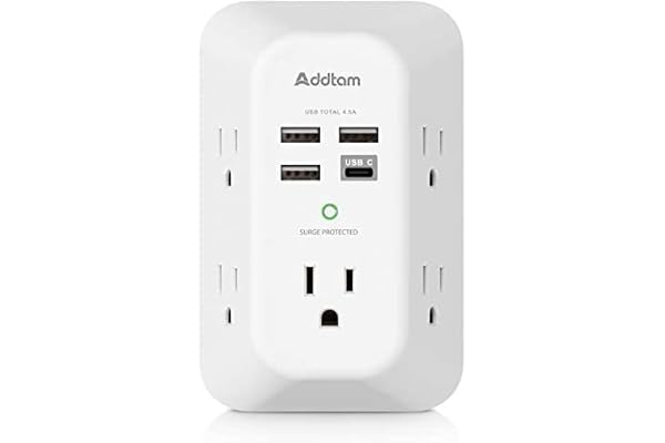 USB Wall Charger, Power Strip with 5 Outlet Extender 4 USB Charging Ports (1 USB C, 4.5A Total) 3-Sided 1800J Surge Protector