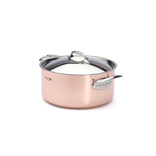 De Buyer 6442,28-Pentola con coperchio, in rame, con manici in ghisa dacciaio Inox, diametro 28 cm