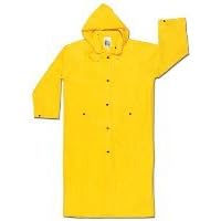 River City GarmentsÂ Medium 49" Yellow Wizard .2800 mm PVC and Nylon Flame Resistant Rain Coat with Snap Storm Fly Front Closure and Detachable Drawstring Hood