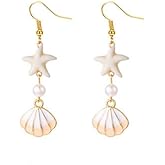 Shell Starfish Earrings Ocean Conch Shell Dangle Earrings for Women Summer Beach Pearl Seahell Tassel Drop Earring Vacation Jewelry Gift