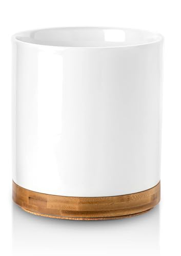 360° Rotating Utensil Holder, 7.2" Large White Ceramic Cooking Utensil Crock, Countertop-Protection Cork Bottom, Ideal for Farmhouse Kitchen Decor, White