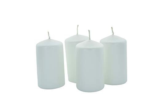 G Decor Set Of 4 Plain White, Non-Scented, Small Pack Roman Plain Paraffin Varnished Shimmer Church Outdoor Pillar Candles, Great for Weddings and Christmas