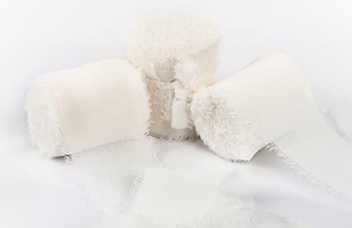 Joycrosso 3 Rolls Handmade Fringe Chiffon Ribbon Frayed Edges White Ribbon 40mmX4.5Meter, Great for Wedding Invitations, Bridal Bouquets, Decor Tie Gifts Wrapping, DIY Crafts