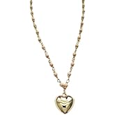Balloon Heart Pendant Necklace Beige Beaded Chain Gold Plated Statement Jewelry