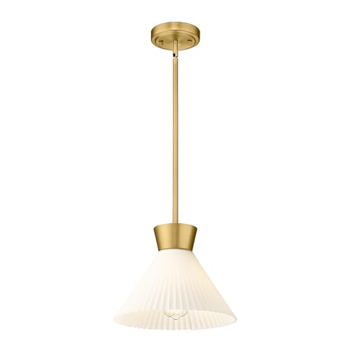 Photo 1 of Modern Pendant Light Fixture, HWH White and Gold Kitchen Island Lights 11 Inch, 1-Light Hanging Lighting for Dinning Room Schoolhouse, Frosted Striped Glass Shade, 5HZG98MIL BG