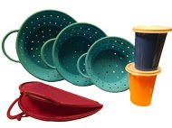 Click Here to See More Images 1 SET of 3 Pcs Silicone Collapsible Colanders Strainer Set + 1 PCS 10 Inch Foldable Splatter Guards with Side Handles Color Purple + Free Tupperware Bell Tumbler 2 Pcs