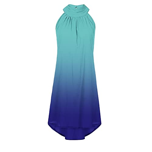 Women\'s Summer Halter Sleeveless Dress Loose Flowy Pleated Mini Dress Irregular Hem High Neck Dress Beach Dress