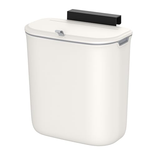 SONGMICS Hanging Trash Can, 9L Kitchen Bin with Lid for Food Waste, Wall Mounted Trash Can, Hanging or Sticking on Cupboard Door, for Kitchen Cabinet, Under Sink, White LTB820W9