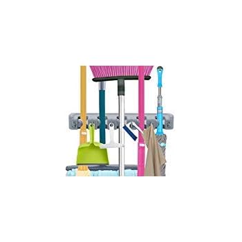 Mop Broom Holder, Garden Tools Wall Mounted Commercial Organizer Saving Space Storage Rack for Kitchen Garden and Garage,Laundry Offices(5 Position with 6 Hooks)