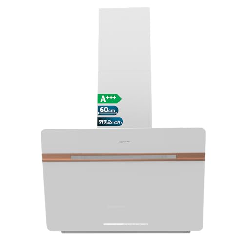 Cecotec Cappa Aspirante Decorativa 60 cm Bolero Flux DT 607500 Matt White A+++. Portata 717,2 m³/h, Funzione Booster, Vetro Opaco/Lucido, Dettagli Rame, Filtri Alluminio, Classe A+++