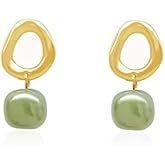 LOOYUUPEE Minimalist Natural Green Hetian Jade Beaded Pendant Stud Earrings Gold Circle Drop Good Luck Ear Jewelry Studs Gift for Women Mom Lover Her (925 Sterling Silver with Gold Plated)