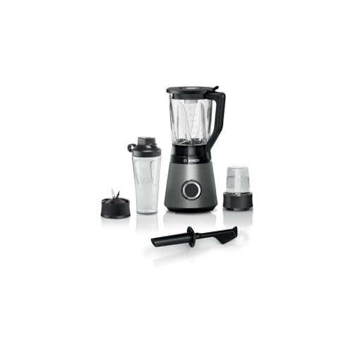 Bosch Serie 4 Frullatore VitaPower MMB6177S, 1200 W, 30.000 giri/min, Lame in Acciaio Inox, Frullatore da 1.5 L, Borraccia da 0.6 L, Tritatutto e Pestello Inclusi, Lavabili in Lavastoviglie, Argento