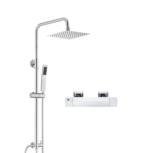 Auralum Duschsystem Komplettset mit Thermostat, Duscharmatur mit 20cm Edelstahl Regendusche eckig, Handbrause, Thermostat und Höhenverstellbarer Dusch