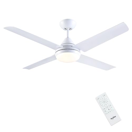 Newday 48" White Ceiling Fan with Light and Remote Control, Ceiling Fan with 4 Blade, Step-less Dimmer, 7 Speed Mode, Timer, Reversible Silent DC Motor for Living Room
