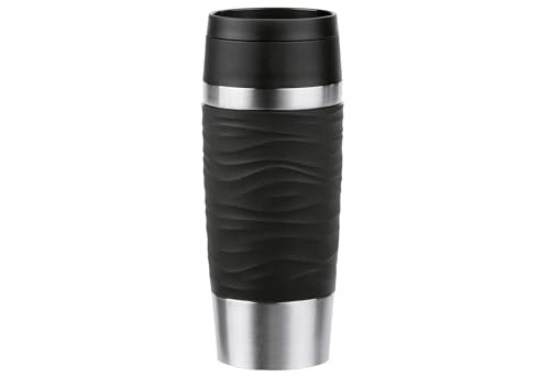Emsa N20212 Travel Mug Wave Insulated Mug 0.36 litres Comfort Screw Cap Stainless Steel 4 Hours Hot and 8 Hours Cold 100% Leak-Proof Dishwasher Safe 360° Drinking Opening Black