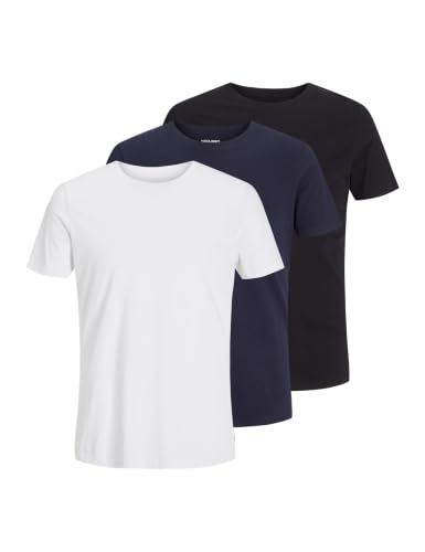 Jjeorganic Basic tee SS O-Neck 3pk MP Camiseta, Negro/Marino/Blanco, M para Hombre