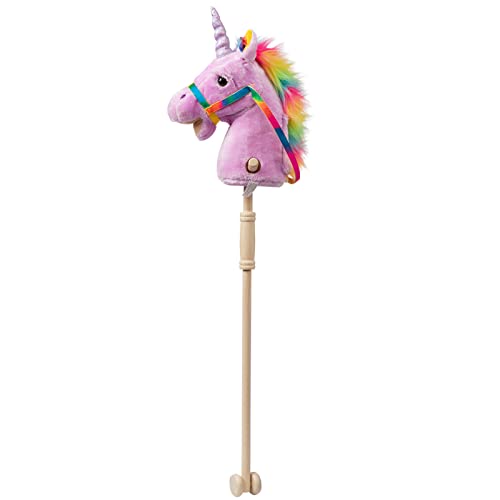 HollyHOME Plush Unicorn Stick Horse with Wood Wheels Real Pony Neighing