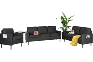 STHOUYN 3 Piece Living Room Furniture Sets, 3 Seat Couch and Loveseat with 2 USB, Single Sofa Accent Chair, Modern Small Couches for Small Spaces, Bedroom, Apartment (Dark Grey)