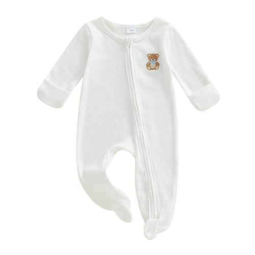 Newborn Baby Boy Clothes Bear Tractor Footie Romper Waffle Onesie Coming Home Jumpsuit Western Farm Fall Outfit (D Bear White, 6-12 Months) at Amazon