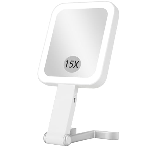 DECLUTTR Makeup Mirror with Lights, Rechargeable 1X/15X Magnifying Mirror with Light Double-Sided, Portable Handheld/Desk/Hanging Magnifying, 3 Color Lighting, Dimmable Touch Screen, White