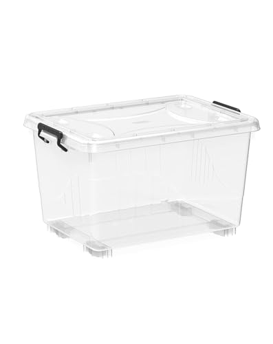 Storage Box – Heavy Duty Plastic Storage Box with Lockable Lid & Wheels, Clear Organizer Bin for Clothes, Tools & Home, Office (82L)