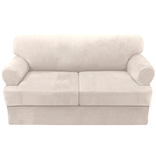 H.VERSAILTEX Sofa Cover 3 Piece Loveseat Slipcovers Thick Velvet Couch Cover Furniture Protector Stretch Sofa Covers for 2 Cushion Couch with 2 Individual T Cushion Covers Washable, Ivory