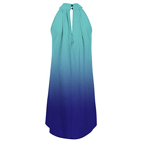 Women\'s Summer Halter Sleeveless Dress Loose Flowy Pleated Mini Dress Irregular Hem High Neck Dress Beach Dress