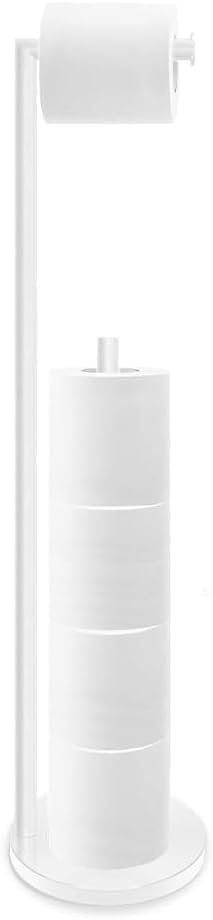 YUET Freestanding Toilet Roll Holders Free Standing Folding Paper Holder Toilet Roll Stand Storage Stainless Steel Bathroom, Free-Standing Dispenser Holds 5 Paper Roll with Storage (White)