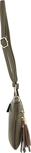 Vegan Mini Multi-Zipper Crossbody Handbag Purse with Tassel Accents (Olive)