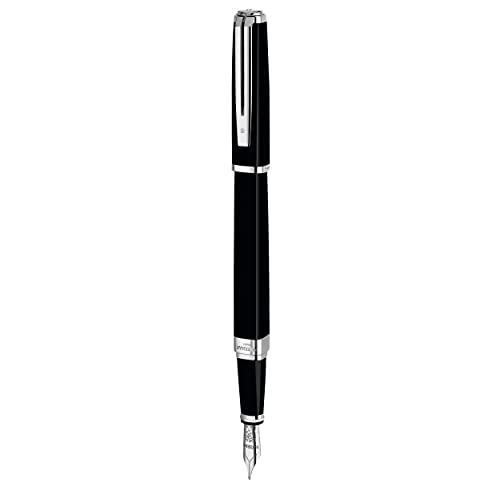 Waterman Exception Fueller (Modell „Slim“) | schwarz mit Silber-plattiertem Clip | Fuellfederhalter mit feiner Feder und blauer Tinte | Geschenkbox