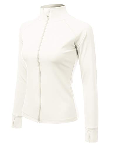 Doublju Womens Active Slim Fit Full Zip Jacket with Thumb Holes White Large