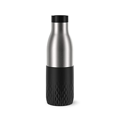 Emsa Bludrop Sleeve Insulated Water Bottle, 0.5 Litres, 100% Leak-Proof, Quick-Press Closure, Ergonomic 360° Drinking Enjoyment, 12 Hours Warm, 24 Hours Cool, Dishwasher Safe, Stainless Steel, Black