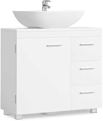 Mueble Bajo Lavabo, Armario de Baño, 3 Cajones, 2 Compartimentos Detrás de la Puerta, Apto para Lavabos con Pedestal, con Pies, 30 x 70 x 64 cm, Blanco Nube BBK504W01