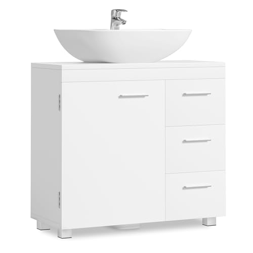Mueble Bajo Lavabo, Armario de Baño, 3 Cajones, 2 Compartimentos Detrás de la Puerta, Apto para Lavabos con Pedestal, con Pies, 30 x 70 x 64 cm, Blanco Nube BBK504W01