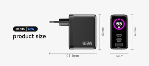 Cargador GAN 65W con Pantalla LED táctil, 2 USB‑C + USB‑A, Carga rápida, Compacto de Viaje — foto 2 de 7