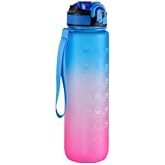 32 0z Motivational Water Bottle with time marker & fruit strainer, leak-proof BPA Free Non- Toxic 1L bottle with Carrying Strap,perfect for Fitness, gym and outdoor Sports. (Blue waves)