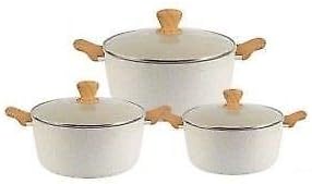 3 Piece Induction Non Stick Casserole Dish Pot Set Granite Marble Coated with Lid (Cream)