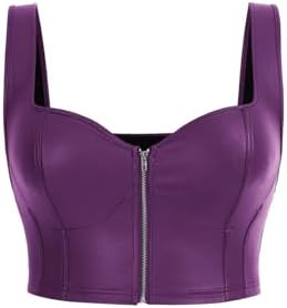 トップス leather belt bra OYOANGLE Women's PU Leather Zip Up Bustier Crop Top Push Up