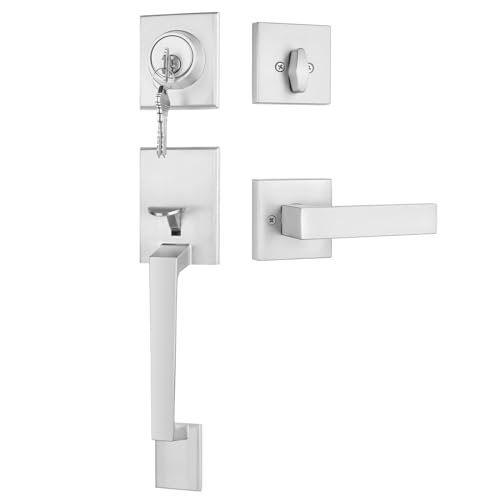 Photo 1 of Haidms Brushed Nickel Front Door Handle and Deadbolt Set, Entry Door Handle and Deadbolt with Reversible Handle Lever,Front Door Lock Set, Exterior Door Handles and Locks