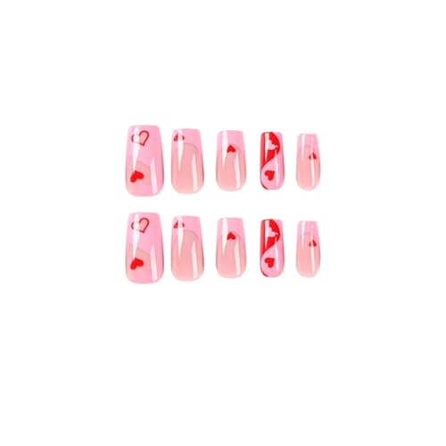 Coffin Press on Nails Medium Fake Nails Pink French Tip False Nails with Red Heart Design Glue on Nails Glossy Acrylic Nails for Women Manicure 24Pcs - Image 5